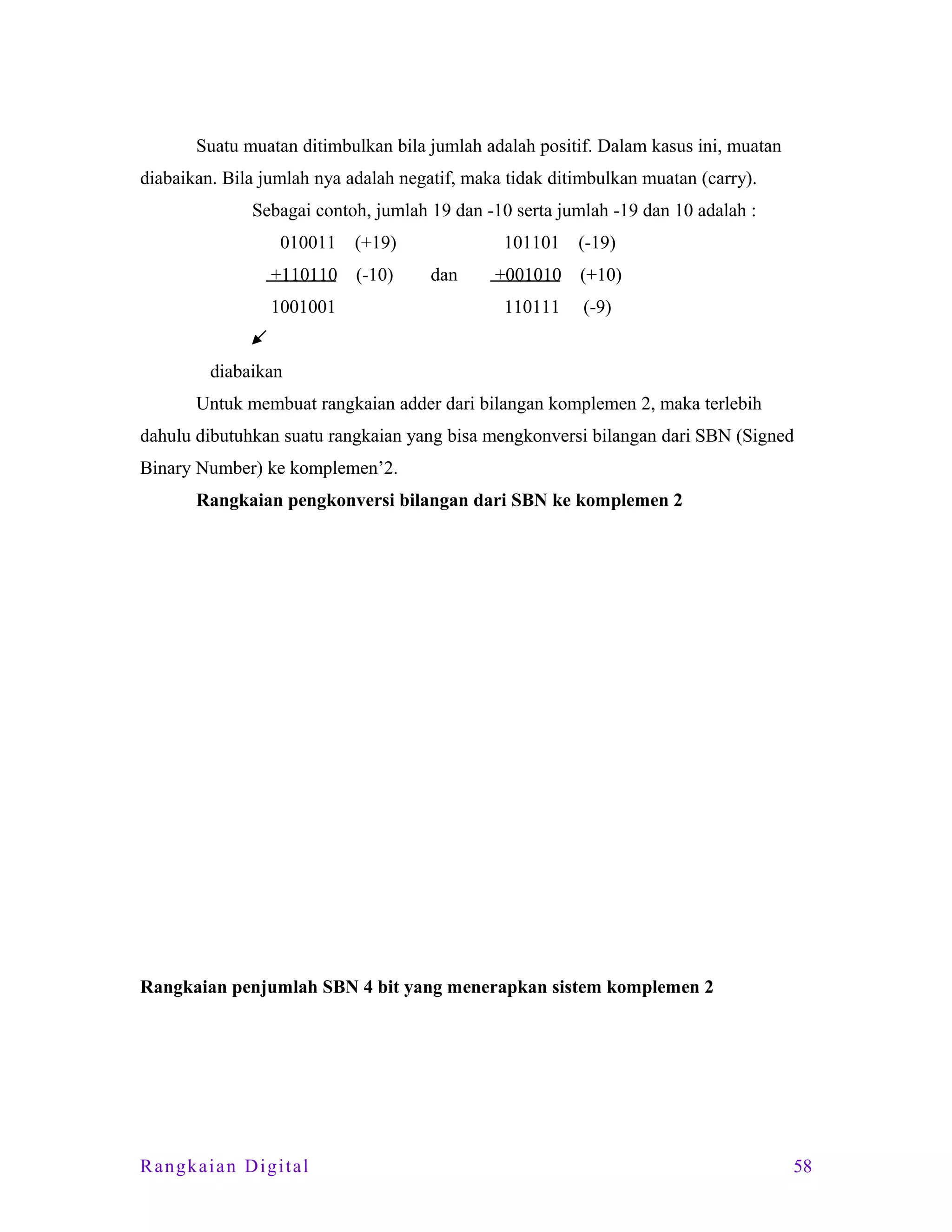 Suatu muatan ditimbulkan bila jumlah adalah positif. Dalam kasus ini, muatan
diabaikan. Bila jumlah nya adalah negatif, maka tidak ditimbulkan muatan (carry).
Sebagai contoh, jumlah 19 dan -10 serta jumlah -19 dan 10 adalah :
010011

(+19)

+110110

(-10)

1001001

101101
dan

(-19)

+001010

(+10)

110111

(-9)

diabaikan
Untuk membuat rangkaian adder dari bilangan komplemen 2, maka terlebih
dahulu dibutuhkan suatu rangkaian yang bisa mengkonversi bilangan dari SBN (Signed
Binary Number) ke komplemen’2.
Rangkaian pengkonversi bilangan dari SBN ke komplemen 2

Rangkaian penjumlah SBN 4 bit yang menerapkan sistem komplemen 2

Rangkaian Digital

58

 