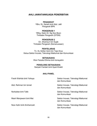 89
AHLI JAWATANKUASA PENERBITAN
PENASIHAT
YBrs. Dr. Sariah binti Abd. Jalil
Pengarah BPK
PENGERUSI 1
YBhg. Datin Dr. Ng Soo Boon
Timbalan Pengarah (STEM)
PENGERUSI 2
En. Shamsuri bin Sujak
Timbalan Pengarah (Kemanusiaan)
PENYELARAS
Tn. Hj. Sofian Azmi bin Tajul Arus
Ketua Sektor Inovasi, Teknologi Maklumat dan Komunikasi
SETIAUSAHA
Wan Faizatul Shima binti Ismayatim
PENOLONG SETIAUSAHA
Saripah Faridah binti Syed Khalid
AHLI PANEL
Farah Wahida binti Yahaya Sektor Inovasi, Teknologi Maklumat
dan Komunikasi
Abd. Rahman bin Ismail Sektor Inovasi, Teknologi Maklumat
dan Komunikasi
Norbaitee binti Talib Sektor Inovasi, Teknologi Maklumat
dan Komunikasi
Mash Manjawani binti Mat Sektor Inovasi, Teknologi Maklumat
dan Komunikasi
Noor Azlin binti Amihamzah Sektor Inovasi, Teknologi Maklumat
dan Komunikasi
 