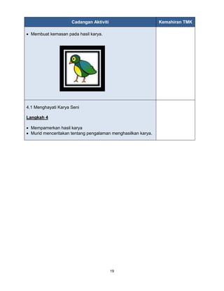 19
Cadangan Aktiviti Kemahiran TMK
 Membuat kemasan pada hasil karya.
4.1 Menghayati Karya Seni
Langkah 4
 Mempamerkan hasil karya
 Murid menceritakan tentang pengalaman menghasilkan karya.
 