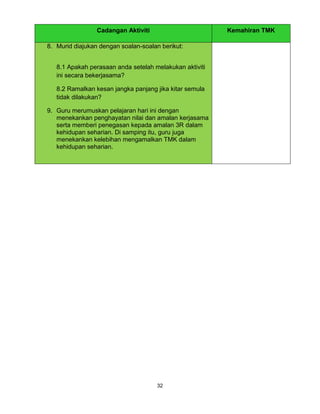 32
Cadangan Aktiviti Kemahiran TMK
8. Murid diajukan dengan soalan-soalan berikut:
8.1 Apakah perasaan anda setelah melakukan aktiviti
ini secara bekerjasama?
8.2 Ramalkan kesan jangka panjang jika kitar semula
tidak dilakukan?
9. Guru merumuskan pelajaran hari ini dengan
menekankan penghayatan nilai dan amalan kerjasama
serta memberi penegasan kepada amalan 3R dalam
kehidupan seharian. Di samping itu, guru juga
menekankan kelebihan mengamalkan TMK dalam
kehidupan seharian.
 