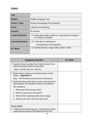 42
English
Year 1
Subject English Language Year
Theme / Topic World of Knowledge (In the Kitchen)
Focus Listening and Speaking
Duration 60 minutes
Content Standard 1.3 Pupils will be able to listen to, understand and respond
in a variety of contexts
Learning Standard 1.3.2 Talk about a stimulus by
(i) responding to Wh-questions
ICT Skills
1.2 Inserting text box, image, table, audio or video
Suggested Activities ICT Skills
1. Teacher shows the class five (5) items found in the
kitchen and gets pupils to name them.
Items: tea pot, pan, bin, mat, fan
2. Pupils look at a picture of a kitchen shown on the
screen . (Appendix 1)
Note: The five items can be found in the picture
3. Pupils talk about what they can see in the picture by
responding to Wh-questions asked by the teacher.
Wh- questions:
i. Which part of the house is this?
ii. What can you see in the picture?
iii. What is this? (teacher points to the image)
iv. Where is the fan? mat? bin? pot? pan?
Group Activity
4. Pupils are divided into groups. Each group is given
a set of picture cards of the objects found in the
 