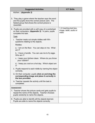 43
Suggested Activities ICT Skills
kitchen. (Appendix 2)
5. They play a game where the teacher says the word
and the pupils show the correct picture card. The
fastest group that shows the correct picture is
rewarded.
6. Pupils are provided with a soft copy of a worksheet
on their computers. (Appendix 3). In pairs, pupils
complete the task.
Task:
i. Teacher reads out simple riddles with Wh-
questions relating to the objects.
Riddles:
a. I am on the floor. You can step on me. What
am I?
b. I have a handle. You can use me to fry eggs.
Who am I?
c. I keep your kitchen clean. Where do you throw
your rubbish?
d. I keep you cool on a hot day. Which object am
I?
ii. Pupils respond to each riddle by naming the object
correctly.
iii. On their computer, pupils click on and drag the
corresponding image and place it correctly in
the box provided.
iv. Teacher repeats the activity until the task is
completed.
1.2 Inserting text box,
image, table, audio or
video
Assessment
7. Teacher shows the picture cards and gets pupils to
repeat the name of the objects. Teacher chooses
pupils randomly to name the objects.
8. Pupils are able to identify all the objects learned.
Pupils are able to name the objects correctly.
 