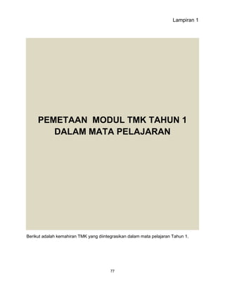 77
Lampiran 1
PEMETAAN MODUL TMK TAHUN 1
DALAM MATA PELAJARAN
Berikut adalah kemahiran TMK yang diintegrasikan dalam mata pelajaran Tahun 1.
 