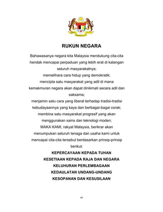 vii
RUKUN NEGARA
Bahawasanya negara kita Malaysia mendukung cita-cita
hendak mencapai perpaduan yang lebih erat di kalangan
seluruh masyarakatnya;
memelihara cara hidup yang demokratik;
mencipta satu masyarakat yang adil di mana
kemakmuran negara akan dapat dinikmati secara adil dan
saksama;
menjamin satu cara yang liberal terhadap tradisi-tradisi
kebudayaannya yang kaya dan berbagai-bagai corak;
membina satu masyarakat progresif yang akan
menggunakan sains dan teknologi moden;
MAKA KAMI, rakyat Malaysia, berikrar akan
menumpukan seluruh tenaga dan usaha kami untuk
mencapai cita-cita tersebut berdasarkan prinsip-prinsip
berikut:
KEPERCAYAAN KEPADA TUHAN
KESETIAAN KEPADA RAJA DAN NEGARA
KELUHURAN PERLEMBAGAAN
KEDAULATAN UNDANG-UNDANG
KESOPANAN DAN KESUSILAAN
 