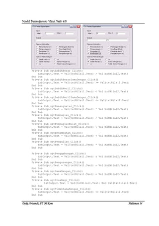 Modul Pemrograman Visual Basic 6.0Modul Pemrograman Visual Basic 6.0Modul Pemrograman Visual Basic 6.0Modul Pemrograman Visual Basic 6.0
Dedy Arisandi, ST, MDedy Arisandi, ST, MDedy Arisandi, ST, MDedy Arisandi, ST, M....KomKomKomKom HalHalHalHalamanamanamanaman 14141414
Private Sub optLebihBesar_Click()
txtOutput.Text = Val(txtNilai1.Text) > Val(txtNilai2.Text)
End Sub
Private Sub optLebihBesarSamaDengan_Click()
txtOutput.Text = Val(txtNilai1.Text) >= Val(txtNilai2.Text)
End Sub
Private Sub optLebihKecil_Click()
txtOutput.Text = Val(txtNilai1.Text) < Val(txtNilai2.Text)
End Sub
Private Sub optLebihKecilSamaDengan_Click()
txtOutput.Text = Val(txtNilai1.Text) <= Val(txtNilai2.Text)
End Sub
Private Sub optPemangkatan_Click()
txtOutput.Text = Val(txtNilai1.Text) ^ Val(txtNilai2.Text)
End Sub
Private Sub optPembagian_Click()
txtOutput.Text = Val(txtNilai1.Text) / Val(txtNilai2.Text)
End Sub
Private Sub optPembagianBulat_Click()
txtOutput.Text = Val(txtNilai1.Text)  Val(txtNilai2.Text)
End Sub
Private Sub optpenambahan_Click()
txtOutput.Text = Val(txtNilai1.Text) + Val(txtNilai2.Text)
End Sub
Private Sub optPengalian_Click()
txtOutput.Text = Val(txtNilai1.Text) * Val(txtNilai2.Text)
End Sub
Private Sub optPenggabungan_Click()
txtOutput.Text = Val(txtNilai1.Text) & Val(txtNilai2.Text)
End Sub
Private Sub optPengurangan_Click()
txtOutput.Text = Val(txtNilai1.Text) - Val(txtNilai2.Text)
End Sub
Private Sub optSamaDengan_Click()
txtOutput.Text = Val(txtNilai1.Text) = Val(txtNilai2.Text)
End Sub
Private Sub optSisaBagi_Click()
txtOutput.Text = Val(txtNilai1.Text) Mod Val(txtNilai2.Text)
End Sub
Private Sub optTidakSamaDengan_Click()
txtOutput.Text = Val(txtNilai1.Text) <> Val(txtNilai2.Text)
End Sub
 