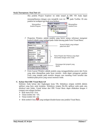 Modul Pemrograman Visual Basic 6.0Modul Pemrograman Visual Basic 6.0Modul Pemrograman Visual Basic 6.0Modul Pemrograman Visual Basic 6.0
Dedy Arisandi, ST, MDedy Arisandi, ST, MDedy Arisandi, ST, MDedy Arisandi, ST, M....KomKomKomKom HalHalHalHalamanamanamanaman 5555
Jika jendela Project Explorer ini tidak tampil di IDE VB Anda dapat
menampilkannya dengan cara mengklik icon ini pada Toolbar. Di atas
jendela ini terdapat tiga buah icon berikut:
Properties Window adalah jendela yang berisi semua informasi mengenai
kontrol (objek) yang terdapat pada Anda rancang pada Form Visual Basic.
Form Layout Window adalah jendela yang menggambarkan posisi dari Form
yang akan ditampilkan pada layar monitor. Anda dapat menggesar gambar
Form yang tampak pada monitor dengan cara mendrag Form tersebut dan
letakkan pada posisi yang sesuai menurut Anda.
C. Keluar Dari IDE Visual Basic 6.0
Sebelum Anda keluar dari lingkungan kerja VB, Sebaiknya simpan terlebih dahulu
aplikasi yang baru anda kerjakan. Sebaiknya simpan file-file aplikasi anda pada satu
direktori atau folder. Untuk keluar dari IDE Visual Basic dapat dilakukan dengan 4
(empat) cara sebagai berikut:
Klik menu File> Exit.
Tekan tombol Alt + F4.
Tekan tombol Alt + Q
Klik tombol Close yang terdapat disudut kanan atas jendela Visual Basic.
Menampilkan
Jendela Program
Menampilkan
Jendela Form
Kontrol (objek) yang terdapat
pada form aktif
Nama Properti dan Nilainya yang dapat
disesuaikan dengan selera Anda
Keterangan dari properti yang
dipilih.
 