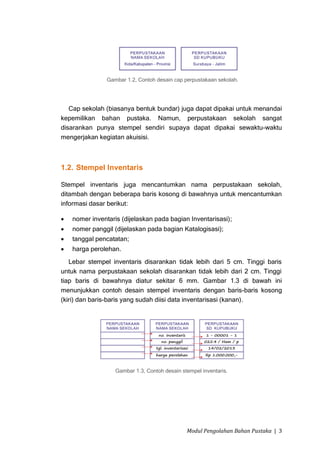 Gambar 1.2, Contoh desain cap perpustakaan sekolah.




   Cap sekolah (biasanya bentuk bundar) juga dapat dipakai untuk menandai
kepemilikan bahan pustaka. Namun, perpustakaan sekolah sangat
disarankan punya stempel sendiri supaya dapat dipakai sewaktu-waktu
mengerjakan kegiatan akuisisi.



1.2. Stempel Inventaris

Stempel inventaris juga mencantumkan nama perpustakaan sekolah,
ditambah dengan beberapa baris kosong di bawahnya untuk mencantumkan
informasi dasar berikut:

   nomer inventaris (dijelaskan pada bagian Inventarisasi);
   nomer panggil (dijelaskan pada bagian Katalogisasi);
   tanggal pencatatan;
   harga perolehan.
   Lebar stempel inventaris disarankan tidak lebih dari 5 cm. Tinggi baris
untuk nama perpustakaan sekolah disarankan tidak lebih dari 2 cm. Tinggi
tiap baris di bawahnya diatur sekitar 6 mm. Gambar 1.3 di bawah ini
menunjukkan contoh desain stempel inventaris dengan baris-baris kosong
(kiri) dan baris-baris yang sudah diisi data inventarisasi (kanan).




                   Gambar 1.3, Contoh desain stempel inventaris.




                                               Modul Pengolahan Bahan Pustaka | 3
 