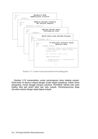 Gambar 3.11, Contoh urutan penyimpanan kartu katalog judul.




   Gambar 3.12 menampilkan urutan penyimpanan kartu katalog subyek.
Kartu-kartu ini disusun sesuai dengan urutan abjad subyeknya, bukan nama
pengarang, nomer panggil maupun judulnya. Perhatikan bahwa satu judul
koleksi bisa jadi terdiri lebih dari satu subyek. Penyimpanannya tetap
diurutkan sesuai dengan abjad depan subyek.




26 | Tetralogi Pelatihan Kepustakawanan
 