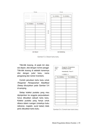 Gambar 5.3, Desain kartu buku.




   Titik-titik kosong, di pojok kiri atas
sisi depan, diisi dengan nomer panggil.
Titik-titik kosong di sebelah kanannya
diisi dengan judul buku, nama
pengarang dan nomer inventaris.

  Contoh penulisan kartu buku untuk
Pengantar Persepuluhan Klasifikasi
Dewey ditunjukkan pada Gambar 5.4
di samping.

   Setiap koleksi pustaka yang mau
dipinjamkan ke anggota perpustakaan
harus dibuatkan sebuah kartu buku.
Koleksi pustaka yang hanya untuk
dibaca dalam ruangan (misalnya buku
referensi, majalah, surat kabar) tidak
perlu dibuatkan kartu buku.                   Gambar 5.4, Contoh isian kartu buku.




                                             Modul Pengolahan Bahan Pustaka | 39
 