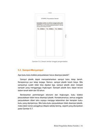 Gambar 5.6, Desain lembar tanggal pengembalian.




5.3. Sampul-Menyampul

Apa buku-buku koleksi perpustakaan harus disampul plastik?

  Sampul plastik dapat mempertahankan sampul buku tetap bersih.
Kerapiannya pun tetap terjaga. Namun, sampul plastik butuh biaya. Bila
sampulnya sudah tidak bisa dipakai lagi, sampul plastik akan menjadi
sampah yang mengganggu lingkungan. Sampah plastik baru dapat terurai
dalam tanah lebih dari 50 tahun.

  Berdasarkan pertimbangan ekonomi dan lingkungan, buku koleksi
perpustakaan tidak harus disampul plastik. Konsekuensinya, semua anggota
perpustakaan diberi tahu supaya menjaga kebersihan dan kerapian buku-
buku yang dipinjamnya. Bila buku-buku perpustakaan tidak disampul plastik,
maka label nomer panggilnya dilapisi selotip bening, seperti yang ditunjukkan
pada Gambar 5.7.




                                            Modul Pengolahan Bahan Pustaka | 41
 