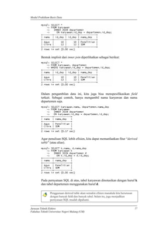 Modul Praktikum Basis Data
Jurusan Teknik Elektro
Fakultas Teknik Universitas Negeri Malang (UM)
27
Bentuk implisit dari inner join diperlihatkan sebagai berikut:
Dalam pengambilan data ini, kita juga bisa menspesifikasikan field
terkait. Sebagai contoh, hanya mengambil nama karyawan dan nama
departemen saja.
Agar penulisan SQL lebih efisien, kita dapat memanfaatkan fitur “derived
table” (atau alias).
Pada pernyataan SQL di atas, tabel karyawan dinotasikan dengan huruf k
dan tabel departemen menggunakan huruf d.
Penggunaan derived table akan semakin efisien manakala kita berurusan
dengan banyak field dan banyak tabel. Selain itu, juga menjadikan
pernyataan SQL mudah dipahami.
 