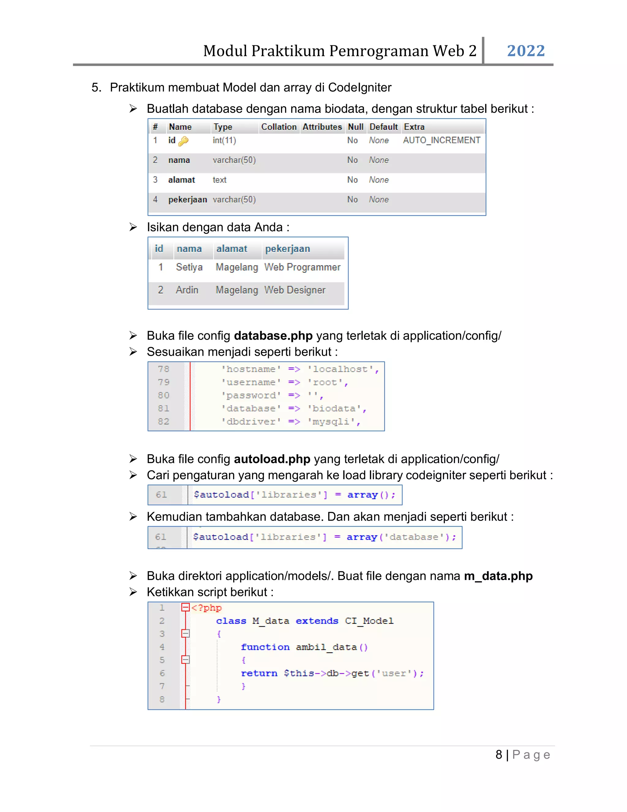 Modul Praktikum Pemrograman Web 2 2022 8 | P a g e 5. Praktikum membuat Model dan array di CodeIgniter ➢ Buatlah database dengan nama biodata, dengan struktur tabel berikut : ➢ Isikan dengan data Anda : ➢ Buka file config database.php yang terletak di application/config/ ➢ Sesuaikan menjadi seperti berikut : ➢ Buka file config autoload.php yang terletak di application/config/ ➢ Cari pengaturan yang mengarah ke load library codeigniter seperti berikut : ➢ Kemudian tambahkan database. Dan akan menjadi seperti berikut : ➢ Buka direktori application/models/. Buat file dengan nama m_data.php ➢ Ketikkan script berikut : 