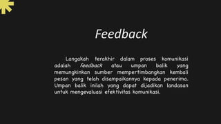 Feedback
Langakah terakhir dalam proses komunikasi
adalah feedback atau umpan balik yang
memungkinkan sumber mempertimbangkan kembali
pesan yang telah disampaikannya kepada penerima.
Umpan balik inilah yang dapat dijadikan landasan
untuk mengevaluasi efektivitas komunikasi.
 