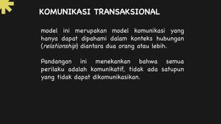 KOMUNIKASI TRANSAKSIONAL
model ini merupakan model komunikasi yang
hanya dapat dipahami dalam konteks hubungan
(relationship) diantara dua orang atau lebih.
Pandangan ini menekankan bahwa semua
perilaku adalah komunikatif, tidak ada satupun
yang tidak dapat dikomunikasikan.
 