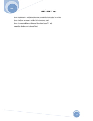  
       
Nov. 2 

                                            DAFTAR PUSTAKA


      http://opensource.telkomspeedy.com/forum/viewtopic.php?id=4088
      http://buletin.melsa.net.id/okt/1020/bahasa-c.html
      http://lecturer.ukdw.ac.id/anton/download/algoTI2.pdf
      modul-praktikum-pki-ukdw(2008)




                                                                       13 
 