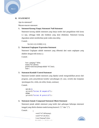  
No  
 ov. 2 

       


           ATEMENT
      H. STA

          Apa itu statemen
                         nt?
          Macam-macam statement:
                      s
          1.   Satement Kosong/ Empty Stateme Null Sta
                        K                   ent/     atement
               Statement kosong adala statement yang hanya terdiri dar pengakhiran titik kom
                         k          ah        t                      ri                    ma
                          ehingga tida ada tindakan yang akan dilaku
               (;) saja, se          ak                            ukan. Statement koson
                                                                                       ng
               digunakan u         erikan jarak waktu atau delay.
                         untuk membe
               Contoh :


          2.             Ungkapan/ Expression Statement
               Statement U
               Statement U
                         Ungkapan adalah statem
                                  a           ment yang dibentuk da suatu un
                                                                  ari      ngkapan yan
                                                                                     ng
               diakhiri den
                          ngan titik kom (;).
                                       ma
               Contoh :




          3.   Statement K         ontrol Statement
                         Kendali/ Co
               Statement kendali adala statement yang dipak untuk m
                         k           ah        t          kai     mengendalika proses da
                                                                             an        ari
               program, ya penyele
                         aitu    eksian kondi percaban
                                            isi/     ngan (if, cas switch) d lompata
                                                                 se,       dan     an
               /perulangan (for, while, do-while, br
                                                   reak, continu
                                                               ue).
               Contoh :




          4.   Statement J
                         Jamak/ Com
                                  mpound Sta
                                           atement/ Blo Stateme
                                                      ock     ent
                          amak adalah statement yang terdir dari gabungan bebera statemen
               Statement ja         h                     ri                   apa      nt
               tunggal yang ditulis dian
                          g            ntara tanda k
                                                   kurung kuraw (“{“ dan “}”).
                                                              wal      n
               Contoh :
 