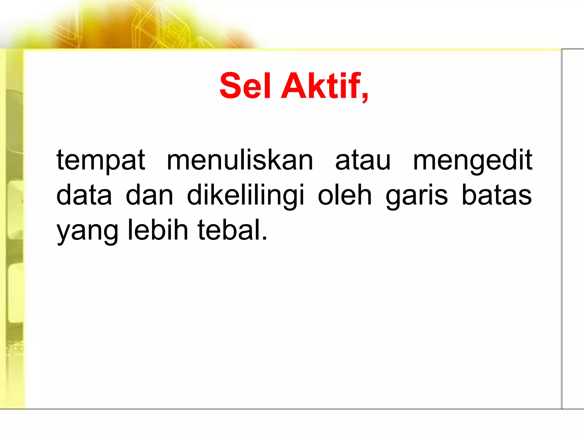 Sel Aktif,

tempat menuliskan atau mengedit
data dan dikelilingi oleh garis batas
yang lebih tebal.
 