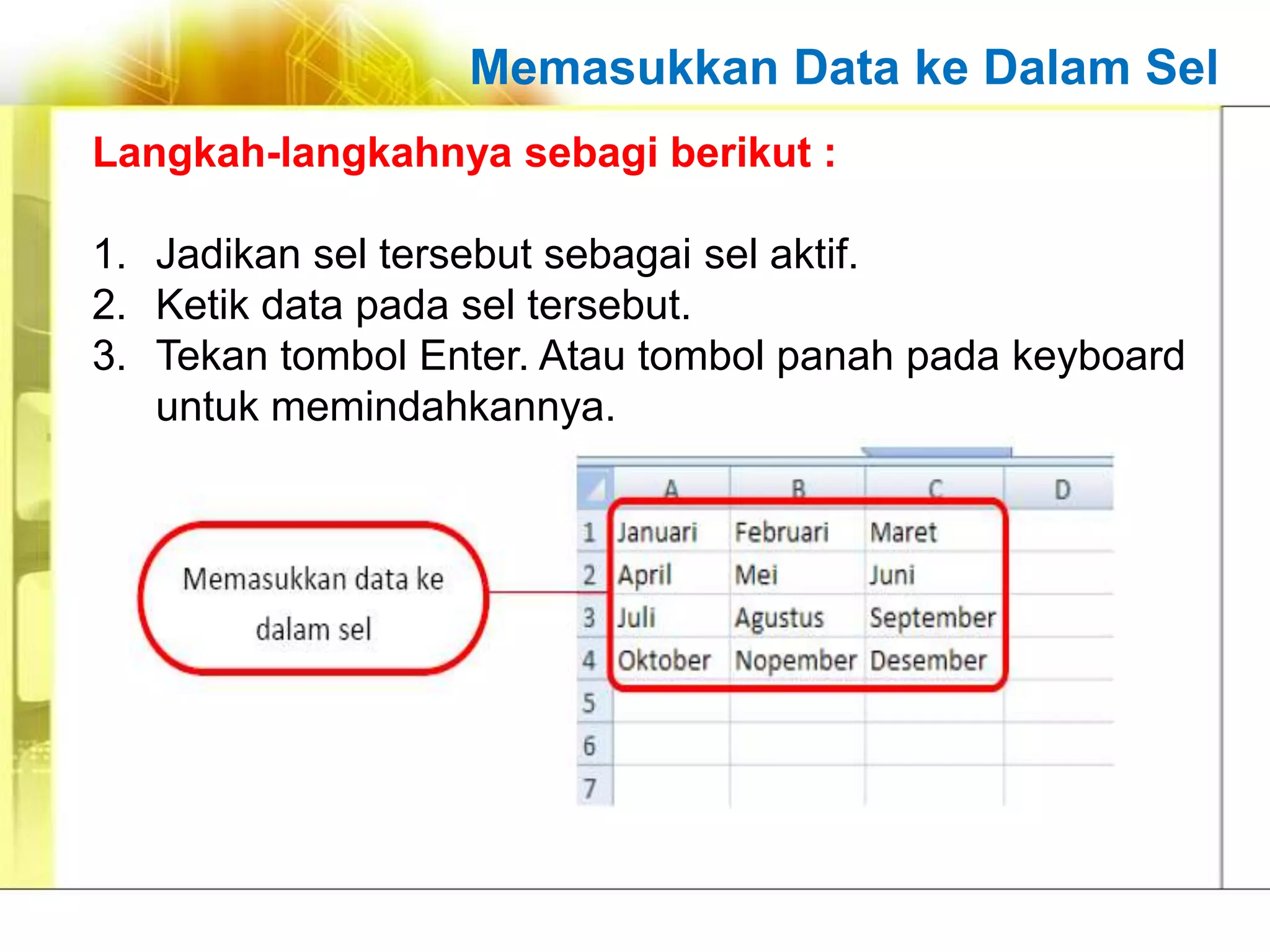 Memasukkan Data ke Dalam Sel
Langkah-langkahnya sebagi berikut :

1. Jadikan sel tersebut sebagai sel aktif.
2. Ketik data pada sel tersebut.
3. Tekan tombol Enter. Atau tombol panah pada keyboard
   untuk memindahkannya.
 