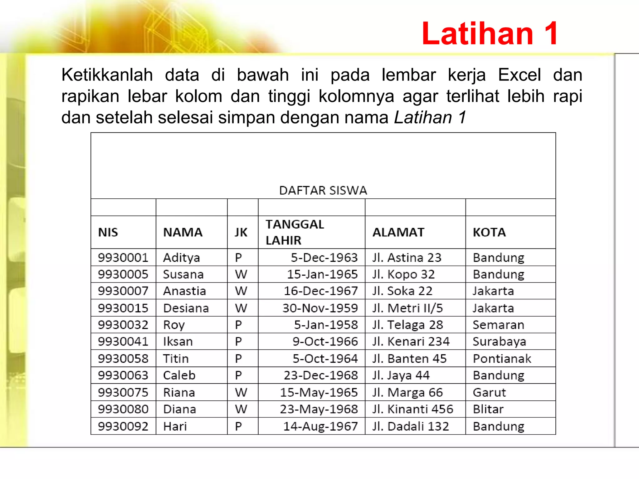 Latihan 1
Ketikkanlah data di bawah ini pada lembar kerja Excel dan
rapikan lebar kolom dan tinggi kolomnya agar terlihat lebih rapi
dan setelah selesai simpan dengan nama Latihan 1
 