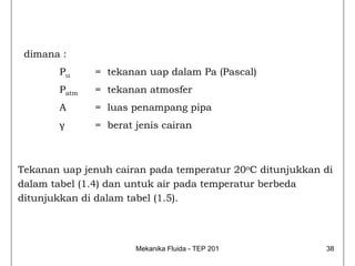 dimana :
       Pu     = tekanan uap dalam Pa (Pascal)
       Patm   = tekanan atmosfer
       A      = luas penampang pipa
       γ      = berat jenis cairan



Tekanan uap jenuh cairan pada temperatur 20oC ditunjukkan di
dalam tabel (1.4) dan untuk air pada temperatur berbeda
ditunjukkan di dalam tabel (1.5).




                      Mekanika Fluida - TEP 201           38
 