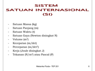 -   Satuan Massa (kg)
-   Satuan Panjang (m)
-   Satuan Waktu (t)
-   Satuan Gaya (Newton disingkat N)
-   Volume (m3)
-   Kecepatan (m/det)
-   Percepatan (m/det2)
-   Kerja (Joule disingkat J)
-   Tekanan (N/m2) atau Pascal (P)



                    Mekanika Fluida - TEP 201   6
 