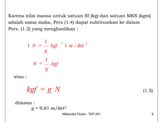 Karena nilai massa untuk satuan SI (kg) dan satuan MKS (kgm)
adalah sama maka, Pers (1.4) dapat subtitusikan ke dalam
Pers. (1.2) yang menghasilkan :

                   1
           1 N =       kgf ´ 1 m / det      2

                   g
                   1
             N =       kgf
                   g
  atau :

           kgf = g N                                     (1.5)

  dimana :
        g = 9,81 m/det2
                             Mekanika Fluida - TEP 201         9
 