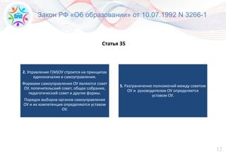 12
Закон РФ «Об образовании» от 10.07.1992 N 3266-1
2. Управление Г(М)ОУ строится на принципах
единоначалия и самоуправления.
Формами самоуправления ОУ являются совет
ОУ, попечительский совет, общее собрание,
педагогический совет и другие формы.
Порядок выборов органов самоуправления
ОУ и их компетенция определяются уставом
ОУ.
5. Разграничение полномочий между советом
ОУ и руководителем ОУ определяется
уставом ОУ.
Статья 35
 