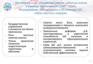 32
Данзбергер и др. «Школьные советы: забытые игроки
в команде образования» (1987, США).
Исследование: 450 городских и 50 сельских ШС,
опрос местных лидеров.
- Государственное
управление
становится все более
приказным.
- Роль местных
советов неясна.
- Члены правления
получили
недостаточную
подготовку и
обучение.
- Советы могут быть важными
посредниками в процессе школьного
усовершенствования.
- Заявленные реформы д.б.
заинтересованы в укреплении
способности ШС начинать и
контролировать образовательные
изменения.
- Сами ШС д.б. заняты внутренним
самоусовершенствованием и
установлением системы оценки
собственной эффективности.
 