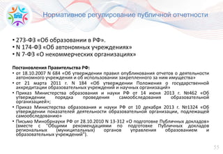 55
Нормативное регулирование публичной отчетности
• 273-ФЗ «Об образовании в РФ».
• N 174-ФЗ «Об автономных учреждениях»
• N 7-ФЗ «О некоммерческих организациях»
Постановления Правительства РФ:
• от 18.10.2007 N 684 «Об утверждении правил опубликования отчетов о деятельности
автономного учреждения и об использовании закрепленного за ним имущества»
• от 21 марта 2011 г. N 184 «Об утверждении Положения о государственной
аккредитации образовательных учреждений и научных организаций»
• Приказ Министерства образования и науки РФ от 14 июня 2013 г. №462 «Об
утверждении порядка проведения самообследования образовательной
организацией»;
• Приказ Министерства образования и науки РФ от 10 декабря 2013 г. №1324 «Об
утверждении показателей деятельности образовательной организации, подлежащей
самообследованию»
• Письмо Минобрнауки РФ от 28.10.2010 N 13-312 «О подготовке Публичных докладов»
(вместе с "Общими рекомендациями по подготовке Публичных докладов
региональных (муниципальных) органов управления образованием и
образовательных учреждений").
 
