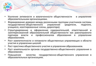 71
Эффекты деятельности:
• Усиление активности и вовлеченности общественности в управление
образовательными организациями.
• Формирование доверия между различными группами участников системы
государственно-общественного управления (родители, педагоги,
учащиеся, кооптированные члены, директора).
• Структурирование и оформление содержательной, ответственной и
заинтересованной образовательной общественности как равноправного
партнера власти и профессионалов образования в управлении
образованием.
• Рост компетентности и готовности общественных управляющих в области
участия в управлении школой.
• Рост престижа общественного участия в управлении образованием.
• Рост влиятельности органов государственно-общественного управления в
образовании.
• Повышение качества государственно-общественного управления в
образовательных организациях.
 