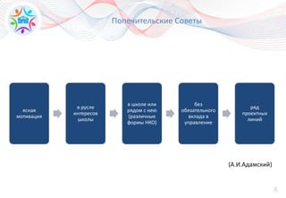 8
Попечительские Советы
ясная
мотивация
в русле
интересов
школы
в школе или
рядом с нею
(различные
формы НКО)
без
обязательного
вклада в
управление
ряд
проектных
линий
(А.И.Адамский)
 