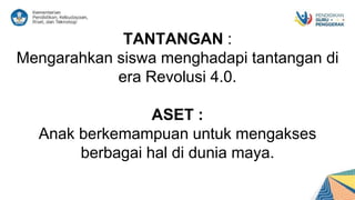 TANTANGAN :
Mengarahkan siswa menghadapi tantangan di
era Revolusi 4.0.
ASET :
Anak berkemampuan untuk mengakses
berbagai hal di dunia maya.
 