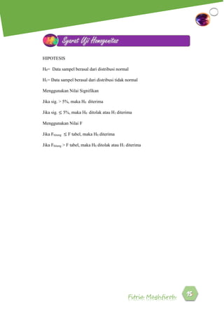 Fitria Maghfiroh
HIPOTESIS
H0= Data sampel berasal dari distribusi normal
H1= Data sampel berasal dari distribusi tidak normal
Menggunakan Nilai Signifikan
Jika sig. > 5%, maka H0 diterima
Jika sig. ≤ 5%, maka H0 ditolak atau H1 diterima
Menggunakan Nilai F
Jika Fhitung ≤ F tabel, maka H0 diterima
Jika Fhitung > F tabel, maka H0 ditolak atau H1 diterima
Syarat Uji Homogenitas
 