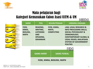 Mata pelajaran bagi
Kategori Kemasukan Calon Asasi UiTM & UM
SAINS TESL KEJURUTERAAN UNDANG-UNDANG
FIZIK,
KIMIA,
BIOLOGI,
MATH
READING,
WRITING,
LISTENING
AND
SPEAKING,
GRAMMAR
FIZIK, KIMIA,
MATH,
COMPUTING
LAW, LEGAL RESEARCH &
INFO PROCESSING SKILLS,
SOCIAL PSYCHOLOGY &
CRIMONOLOGY,
CONTEMPORARY GLOBAL &
LEGAL ISSUES, MALAYSIAN
SYSTEM OF GOVERNMENT
POLITIES
SAINS HAYAT SAINS FIZIKAL
FIZIK, KIMIA, BIOLOGI, MATH
15
MODUL 2 : KATEGORI ALIRAN
BPKP JPT : SESI AKADEMIK 2017/2018
 