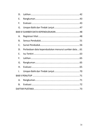 iv
D. Latihan...............................................................................42
E. Rangkuman........................................................................43
F. Evaluasi..............................................................................43
G. Umpan Balik dan Tindak Lanjut.........................................47
BAB IV SUMBER DATA KEPENDUDUKAN.......................................48
A. Registrasi Vital...................................................................48
B. Sensus Penduduk...............................................................51
C. Survei Penduduk................................................................56
D. Perbedaan data kependudukan menurut sumber data....61
E. Isu Terkini ..........................................................................63
F. Latihan...............................................................................65
G. Rangkuman........................................................................65
H. Evaluasi..............................................................................65
I. Umpan Balik dan Tindak Lanjut.........................................70
BAB V PENUTUP ............................................................................71
A. Rangkuman........................................................................71
B. Evaluasi..............................................................................72
DAFTAR PUSTAKA..........................................................................73
 