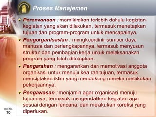 Proses Manajemen
            Perencanaan : memikirakan terlebih dahulu kegiatan-
            kegiatan yang akan dilakukan, termasuk menetapkan
            tujuan dan program-program untuk mencapainya.
            Pengorganisasian : mengkoordinir sumber daya
            manusia dan perlengkapannya, termasuk menyusun
            struktur dan pembagian kerja untuk melaksanakan
            program yang telah ditetapkan.
            Pengarahan : mengarahkan dan memotivasi anggota
            organisasi untuk menuju kea rah tujuan, termasuk
            menciptakan iklim yang mendukung mereka melakukan
            pekerjaannya.
            Pengawasan : menjamin agar organisasi menuju
            tujuannya, termasuk mengendalikan kegiatan agar
            sesuai dengan rencana, dan melakukan koreksi yang
Slide No.
  10        diperlukan.
 