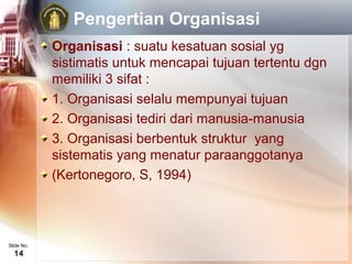 Pengertian Organisasi
            Organisasi : suatu kesatuan sosial yg
            sistimatis untuk mencapai tujuan tertentu dgn
            memiliki 3 sifat :
            1. Organisasi selalu mempunyai tujuan
            2. Organisasi tediri dari manusia-manusia
            3. Organisasi berbentuk struktur yang
            sistematis yang menatur paraanggotanya
            (Kertonegoro, S, 1994)



Slide No.
  14
 