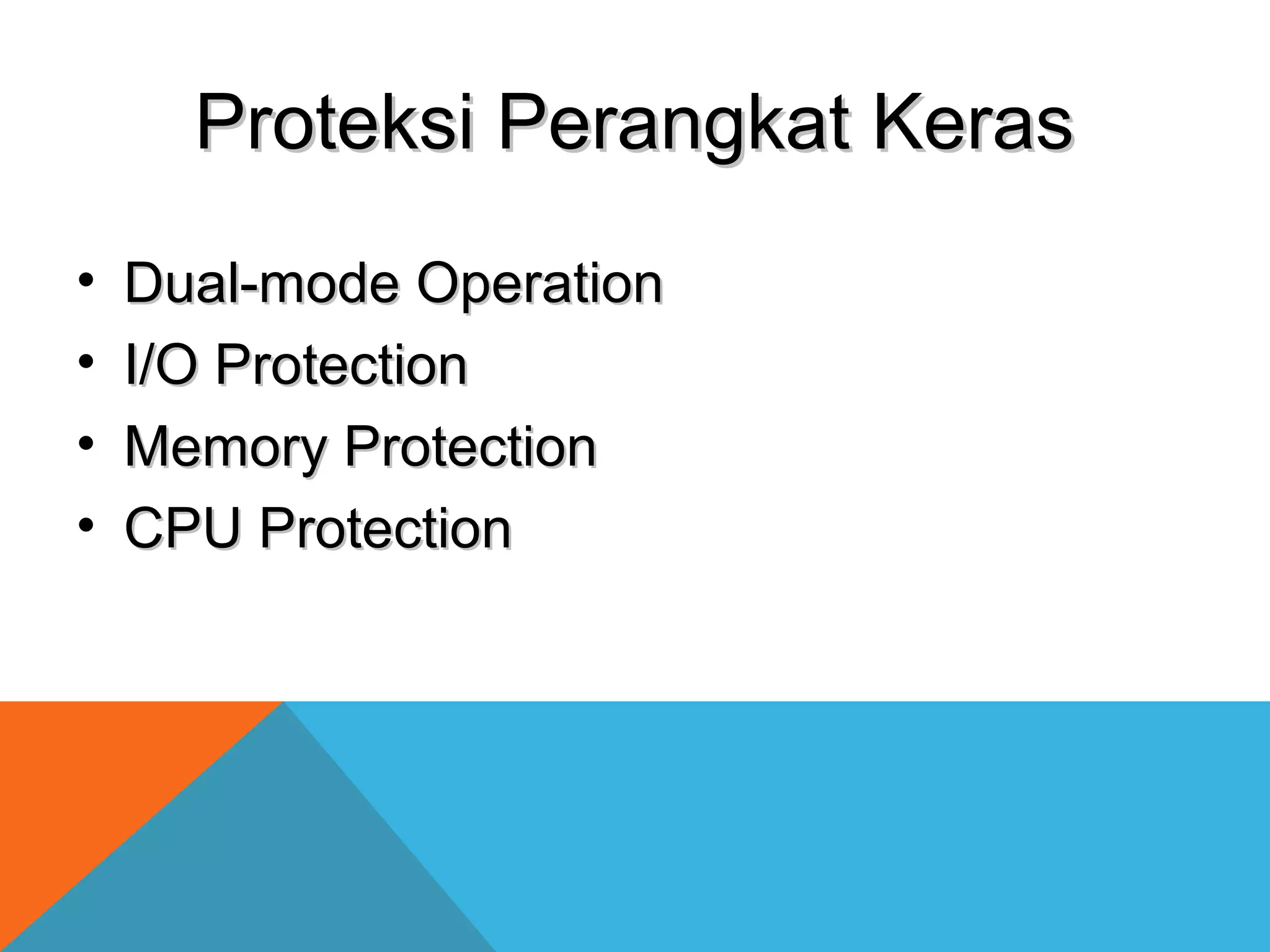 PPrrootteekkssii PPeerraannggkkaatt KKeerraass 
• DDuuaall--mmooddee OOppeerraattiioonn 
• II//OO PPrrootteeccttiioonn 
• MMeemmoorryy PPrrootteeccttiioonn 
• CCPPUU PPrrootteeccttiioonn 
 