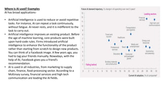 Where is AI used? Examples
AI has broad applications-
• Artificial Intelligence is used to reduce or avoid repetitive
tasks. For instance, AI can repeat a task continuously,
without fatigue. AI never rests, and it is indifferent to the
task to carry out.
• Artificial intelligence improves an existing product. Before
the age of machine learning, core products were built
upon hard-code rules. Firms introduced artificial
intelligence to enhance the functionality of the product
rather than starting from scratch to design new products.
You can think of a Facebook image. A few years ago, you
had to tag your friends manually. Nowadays, with the
help of AI, Facebook gives you a friend’s
recommendation.
• AI is used in all industries, from marketing to supply
chain, finance, food-processing sector. According to a
McKinsey survey, financial services and high tech
communication are leading the AI fields.
 