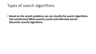 Types of search algorithms
• Based on the search problems we can classify the search algorithms
into uninformed (Blind search) search and informed search
(Heuristic search) algorithms.
 