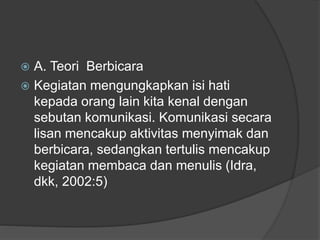  A. Teori Berbicara
 Kegiatan mengungkapkan isi hati
kepada orang lain kita kenal dengan
sebutan komunikasi. Komunikasi secara
lisan mencakup aktivitas menyimak dan
berbicara, sedangkan tertulis mencakup
kegiatan membaca dan menulis (Idra,
dkk, 2002:5)
 