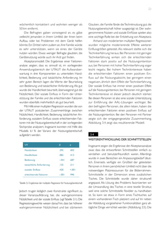 22

wöchentlich kontaktier t und wohnten weniger als
50 km entfernt.
Die Befragten gaben vorwiegend an, es gäbe
vielleicht jemanden in ihrem Umfeld, der ihnen beim
Aufbau oder bei Problemen mit dem Gerät helfen
könnte. Ein Drittel nahm zudem an, ihre Familie würde
es sehr unterstützen, wenn sie eines der Geräte
nutzen würden. Etwas weniger Befragte glaubten, die
Gerätenutzung würde auch ihr Arzt gut finden.
Akzeptanzmodell. Die Ergebnisse einer Faktorenanalyse zeigten, dass es sinnvoll ist, im vorliegenden
Anwendungsbereich der UTAUT die Aufwandserwartung in drei Komponenten zu unterteilen: Handlichkeit, Bedienung und tatsächliche Anforderung. Im
sehr guten Bereich lagen die Werte der Beurteilung
von Bedienung und tatsächlicher Anforderung. Als gut
wurde die Handlichkeit beurteilt, überwiegend gut die
Nützlichkeit. Der soziale Einfluss in Form der Unterstützung der Familie und die erleichternden Faktoren
wurden ebenfalls mehrheitlich als gut beurteilt.
Mit Hilfe einer multiplen Regression wurden die von
der UTAUT postulierten Zusammenhänge zwischen
Nützlichkeit, Handlichkeit, Bedienung, tatsächlicher Anforderung, sozialem Einfluss sowie erleichternden Faktoren mit der Nutzungsbereitschaft in der vorliegenden
Stichprobe analysiert. Insgesamt konnten mit Hilfe des
Modells 61 % der Varianz der Nutzungsbereitschaft
aufgeklärt werden.

Glauben, die Familie fände die Techniknutzung gut, die
Nutzungsbereitschaft höher ausgeprägt ist. Der wahrgenommene Nutzen und soziale Einflüsse spielen also
eine wichtige Rolle bei der Entstehung von Akzeptanz.
Anhand von moderierten multiplen Regressionen
wurden mögliche moderierende Effekte weiterer
Einflussgrößen getestet. Als relevant stellte sich die
Technikerfahrung heraus. Bei Personen mit geringer
Technikerfahrung wirken sich die erleichternden
Faktoren stark positiv auf die Nutzungsintention
aus, bei Personen mit hoher Technikerfahrung sogar
leicht negativ. Bei hohem Technikinteresse haben
die erleichternden Faktoren einen positiven Einfluss auf die Nutzungsabsicht, bei geringem einen
negativen, ähnlich dem Effekt der Technikerfahrung.
Der soziale Einfluss hat immer einen positiven Effekt
auf die Nutzungsintention, bei Personen mit geringem
Technikinteresse ist dieser jedoch deutlich stärker.
Bei diesen Personen ist also eine soziale Unterstützung
zur Einführung der AAL-Lösungen wichtiger. Bei
den befragten Personen, die allein leben, haben die
erleichternden Faktoren einen positiven Einfluss auf
die Nutzungsintention. Bei den Personen mit Partner
zeigte sich der entgegengesetzte Zusammenhang.
Abbildung 3.4 zeigt das resultierende Modell.

3.4
Weiterentwicklung der Schnittstellen

UV

β

p

Nützlichkeit

.395

.002

Handlichkeit

.082

.413

Bedienung

–.041

.687

tatsächliche Anforderung

.135

.211

sozialer Einfluss

.420

<.001

erleichternde Faktoren

–.001

.996

	
  
Tabelle 3.1: Ergebnisse der multiplen Regression für Nutzungsbereitschaft

Jedoch trugen lediglich zwei Konstrukte signifikant zu
dieser Varianzaufklärung bei; die wahrgenommene
Nützlichkeit und der soziale Einfluss (vgl. Tabelle 3.1). Die
Regressionsgewichte weisen darauf hin, dass bei höherer
wahrgenommener Nützlichkeit und bei stärkerem

Insgesamt zeigen die Ergebnisse der Akzeptanzanalyse
zwar, dass die entworfenen Schnittstellen einfach zu
verstehen und benutzerfreundlich waren. Allerdings
wurde in zwei Bereichen ein Anpassungsbedarf deutlich. Einerseits verfügte ein Großteil der getesteten
Personen in ihrem persönlichen Umfeld nicht über die
notwendigen Platzressourcen für die BilderrahmenSchnittstelle in der Dimension eines zusätzlichen
Tisches. Die Schnittstelle wurde daher strukturell
angepasst. Als Lösung des Problems favorisierten wir
die Umwandlung des Tisches in eine textile Struktur,
weil eine solche Schnittstelle flexibler zu handhaben
ist. So kann sie etwa in Form eines Tischtuches auf
einem vorhandenen Tisch platziert und auf ihr neben
der Abbildung vorgesehener Funktionalitäten ganz alltägliche Dinge verrichtet werden (Abbildung 3.5). Die

 