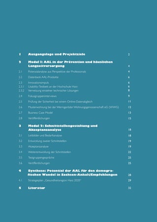 1 	Ausgangslage und Projektziele

2

2 	Modul I: AAL in der Prävention und häuslichen
	Langzeitversorgung

4

2.1 	Potenzialanalyse aus Perspektive der Professionals

4

2.2 	Datenbank AAL-Produkte

6

2.3 	Innovationsimpuls
2.3.1 	Usability-Testbett an der Hochschule Harz
2.3.2 	 Vernetzung einzelner technischer Lösungen

6
6
8

2.4 	

9

c

Fokusgruppeninterviews

2.5 	Prüfung der Sicherheit bei einem Online-Datenabgleich

11

2.6 	Musterwohnung bei der Wernigeröder Wohnungsgenossenschaft eG (WWG)

12

2.7 	Business Case Model

13

2.8 	

15

Veröffentlichungen

3 	Modul 2: Schnittstellengestaltung und
Akzeptanzanalyse

18

3.1	Leitbilder und Bedarfsanalyse

18

3.2 	Entwicklung zweier Schnittstellen

19

3.3 	

Akzeptanzanalyse

19

3.4	

Weiterentwicklung der Schnittstellen

22

3.5 	Testgruppengespräche

25

3.6 	

25

Veröffentlichungen

4 	Synthese: Potential der AAL für den demografischen Wandel in Sachsen-Anhalt/Empfehlungen

28

4.1 	Strategieplan „Gesundheitsregion Harz 2020“

29

5 	Literatur

32

 
