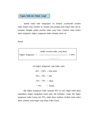 Apabila kalian telah mengerjakan tes formatif, cocokkanlah jawaban
kalian dengan kunci jawaban tes formatif yang terdapat pada bagian akhir unit ini,
kemudian hitunglah jumlah jawaban kalian yang benar. Gunakan rumus berikut
untuk mengetahui tingkat penguasaan kalian terhadap materi ini.
Rumus:
Jumlah Jawaban kalian yang Benar
Tingkat Penguasaan = x 100%
.....................
Arti tingkat penguasaan yang kalian capai:
90% − 100% = baik sekali
80% − 89% = baik
70% − 79% = cukup
< 70% = kurang
Bila tingkat penguasaan kalian mencapai 80% ke atas, Bagus kalian dapat
melanjutkan dengan mempelajari materi pada unit berikutnya. Tetapi, bila tingkat
penguasaan kalian kurang dari 80%, kalian harus membaca kembali uraian materi
diatas, terutama pada bagian yang belum kalian kuasai.
Umpan Balik dan Tindak Lanjut
 