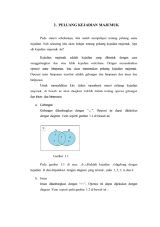 2. PELUANG KEJADIAN MAJEMUK
Pada materi sebelumnya, kita sudah mempelajari tentang peluang suatu
kejadian. Nah sekarang kita akan belajar tentang peluang kejadian majemuk. Apa
sih kejadian majemuk itu?
Kejadian majemuk adalah kejadian yang dibentuk dengan cara
menggabungkan dua atau lebih kejadian sederhana. Dengan memanfaatkan
operasi antar himpunan, kita akan menentukan peluang kejadian majemuk.
Operasi antar himpunan tersebut adalah gabungan dua himpunan dan irisan dua
himpunan.
Untuk memudahkan kita dalam memahami materi peluang kejadian
majemuk, di bawah ini akan disajikan terlebih dahulu tentang operasi gabungan
dan irisan dua himpunan.
a. Gabungan
Gabungan dilambangkan dengan “ ”. Operasi ini dapat dijelaskan
dengan diagram Venn seperti gambar 1.1 di bawah ini.
Gambar 1.1
Pada gambar 1.1 di atas, BA adalah kejadian A digabung dengan
kejadian B dan dinyatakan dengan diagram yang terarsir, yaitu 3, 5, 2, 4, dan 6
b. Irisan
Irisan dilambangkan dengan “ ”. Operasi ini dapat dijelaskan dengan
diagram Venn seperti pada gambar 1.2 di bawah ini :
 