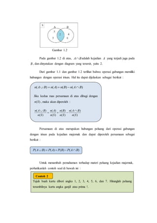 Gambar 1.2
Pada gambar 1.2 di atas, BA adalah kejadian A yang terjadi juga pada
B , dan dinyatakan dengan diagram yang terarsir, yaitu 2.
Dari gambar 1.1 dan gambar 1.2 terlihat bahwa operasi gabungan memiliki
hubungan dengan operasi irisan. Hal itu dapat dijelaskan sebagai berikut :
Persamaan di atas merupakan hubungan peluang dari operasi gabungan
dengan irisan pada kejadian majemuk dan dapat diperoleh persamaan sebagai
berikut :
Untuk menambah pemahaman terhadap materi peluang kejadian majemuk,
perhatikanlah contoh soal di bawah ini :
)()()()( BAnBnAnBAn 
Jika kedua ruas persamaan di atas dibagi dengan
)(Sn , maka akan diperoleh :
)(
)(
)(
)(
)(
)(
)(
)(
Sn
BAn
Sn
Bn
Sn
An
Sn
BAn 


)()()()( BAPBPAPBAP 
Tujuh buah kartu diberi angka 1, 2, 3, 4, 5, 6, dan 7. Hitunglah peluang
terambilnya kartu angka ganjil atau prima !.
Ruang sampel = {1, 2, 3, 4, 5, 6, 7}, = 7
Kejadian pertama, terambilnya kartu angka ganjil
= {1, 3, 5, 7}, = 4, berarti
Contoh 2
 