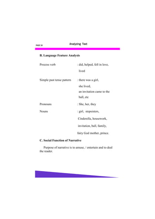 PAGE 18
                            Analyzing Text



    B. Language Feature Analysis

    Process verb                  : did, helped, fell in love,

                                    lived

    Simple past tense pattern     : there was a girl,

                                    she lived,
                                    an invitation came to the
                                    ball, etc

    Pronouns                      : She, her, they

    Nouns                         : girl, stepsisters,

                                   Cinderella, housework,

                                   invitation, ball, family,

                                  fairy God mother, prince.

    C. Social Function of Narrative

       Purpose of narrative is to amuse, / entertain and to deal
    the reader.
 