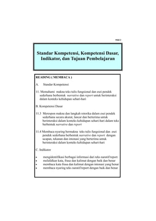 PAGE 2




Standar Kompetensi, Kompetensi Dasar,
  Indikator, dan Tujuan Pembelajaran


READING ( MEMBACA )

A.   Standar Kompetensi

11. Memahami makna teks tulis fungsional dan esei pendek
   sederhana berbentuk narrative dan report untuk berinteraksi
   dalam konteks kehidupan sehari-hari

B. Kompetensi Dasar

11.3 Merespon makna dan langkah retorika dalam esei pendek
     sederhana secara akurat, lancar dan berterima untuk
     berinteraksi dalam konteks kehidupan sehari-hari dalam teks
     berbentuk narrative dan report

11.4 Membaca nyaring bermakna teks tulis fungsional dan esei
     pendek sederhana berbentuk narrative dan report dengan
     ucapan, tekanan dan intonasi yang berterima untuk
     berinteraksi dalam konteks kehidupan sehari-hari

C. Indikator

    mengidentifikasi berbagai informasi dari teks naratif/report
    melafalkan kata, frasa dan kalimat dengan baik dan benar
    membaca kata frasa dan kalimat dengan intonasi yang benar
    membaca nyaring teks naratif/report dengan baik dan benar
 