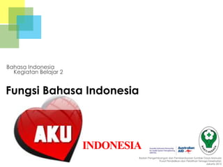 Kegiatan Belajar 2
Bahasa Indonesia
Badan Pengembangan dan Pemberdayaan Sumber Daya Manusia
Pusat Pendidikan dan Pelatihan Tenaga Kesehatan
Jakarta 2013
Fungsi Bahasa Indonesia
INDONESIA
 