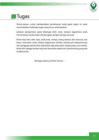 Modul Pendidikan Jarak Jauh, Pendidikan Tinggi Kesehatan Prodi Keperawatan
16
Teman-teman....untuk memperdalam pemahaman anda pada materi ini, kami
menambahkan beberapa tugas yang harus anda kerjakan.
Lakukan pengamatan pada beberapa klien anda, tuliskan bagaimana anda
memandang mereka kalau dihubungkan dengan konsep manusia.
Amati bayi baru lahir, bayi, anak-anak, remaja, orang dewasa dan manusia usia
lanjut, kemudian anda tuliskan bagaimana mereka memenuuhi kebutuhannya
dan gangguan pemenuhan kebutuhan apa yang lazim terjadi pada usia mereka.
Anda tulis sebagai lembar kerja dan konsulkan pada tutor/ pembimbing yang ada
di dekat anda.
			 Semoga sukses ya teman-teman....
Tugas
 